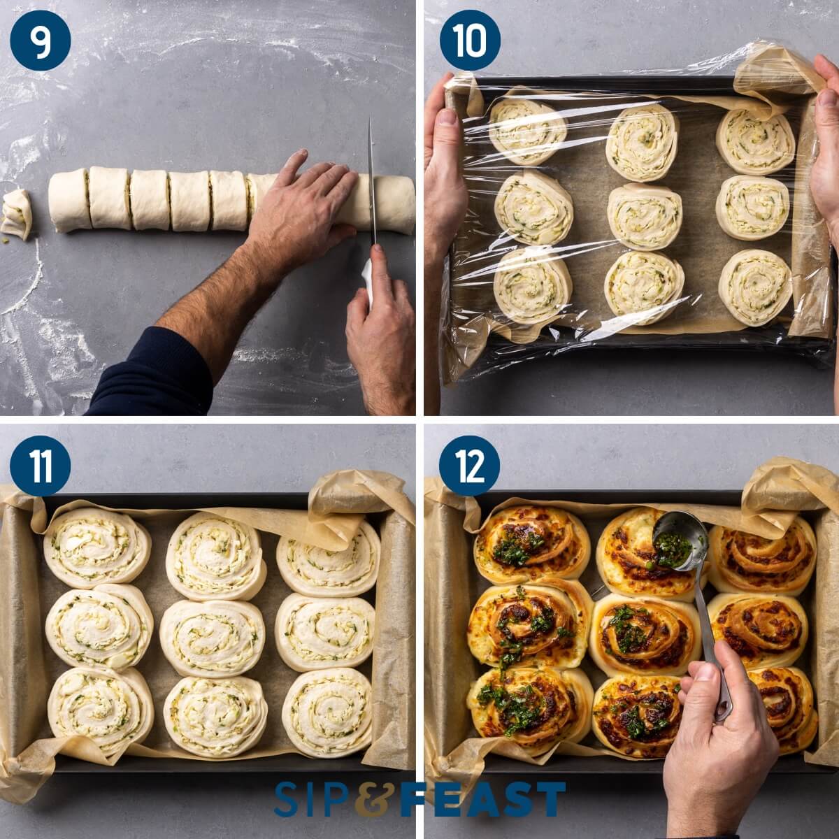 Collage three showing slicing the rolls, placing the rolls in a pan and covering with plastic wrap, the risen rolls, and pouring garlic butter over the baked rolls.