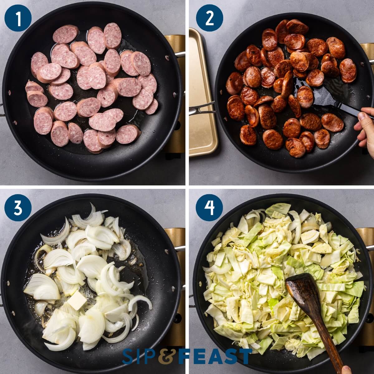 Recipe process shot collage group one showing searing sliced kielbasa, removing the kielbasa to a plate, sauteing onions, and adding sliced cabbage to the pan.