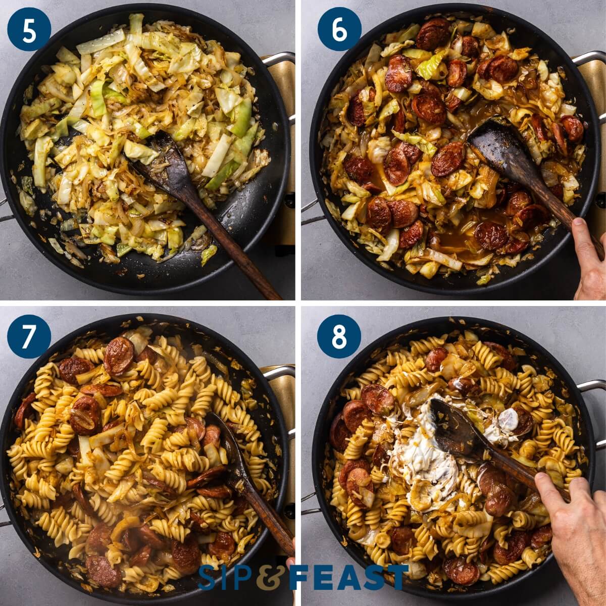 Collage two showing sautring cabbage and sauerkraut, adding the kielbasa and stock, mixing the pasta in, and adding sour cream after removing the pan from the burner.