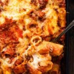 Baked rigatoni with meat sauce Pinterest image.