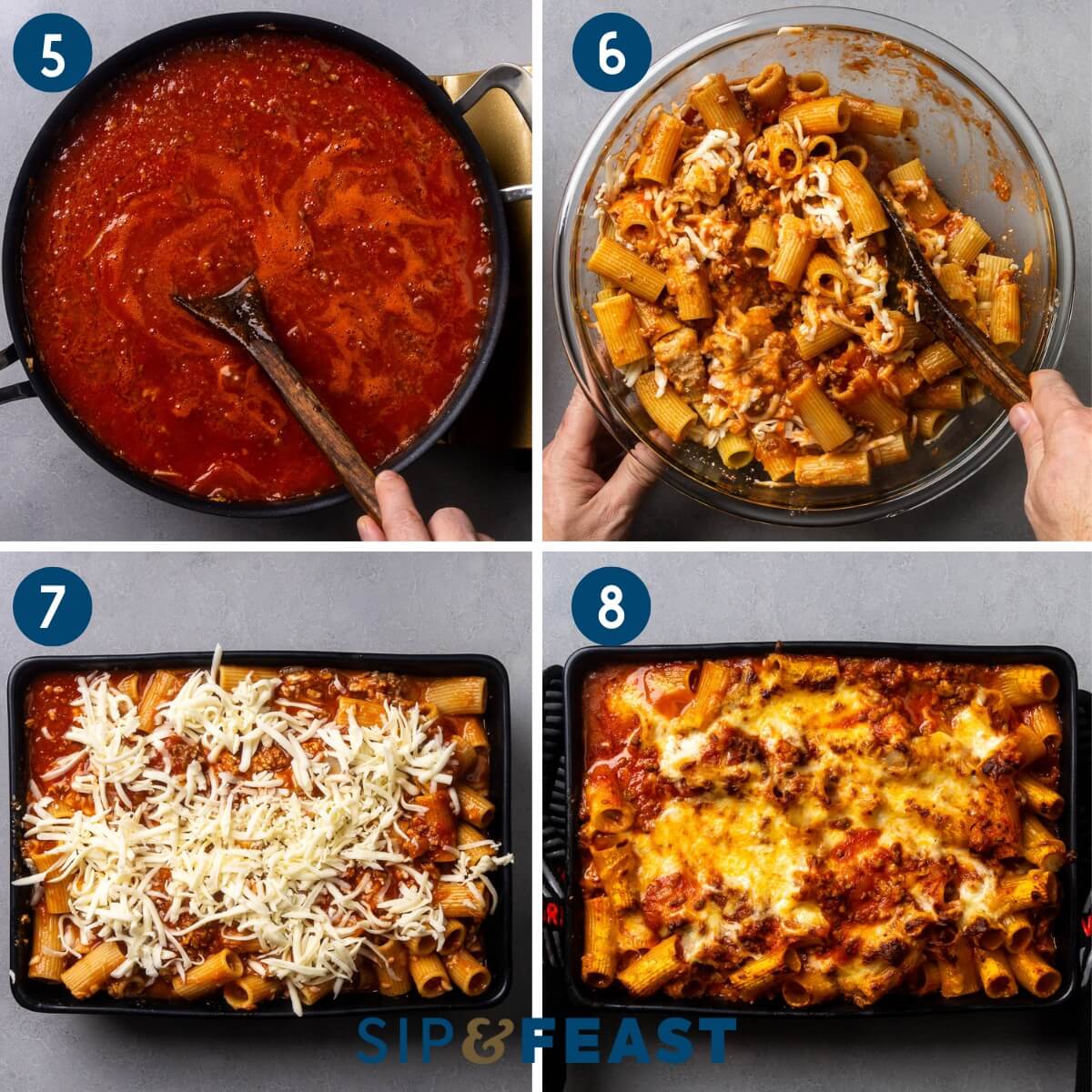 Collage two showing simmering the sauce, mixing the rigatoni, sauce, and cheese, adding the pasta to a baking dish, and the finished pasta al forno.