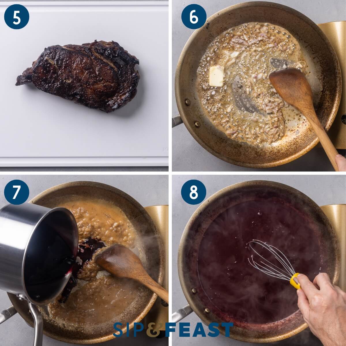 Collage two showing cooked ribeye steak on cutting board, sauteing shallots in butter, adding red wine reduction to sauce, and whisking in cold butter.