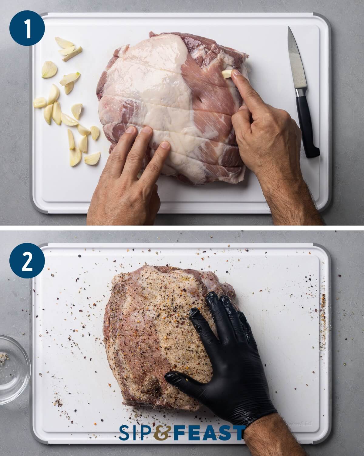 Recipe collage group one showing inserting garlic slivers into pork shoulder and seasoning with the spice rub.