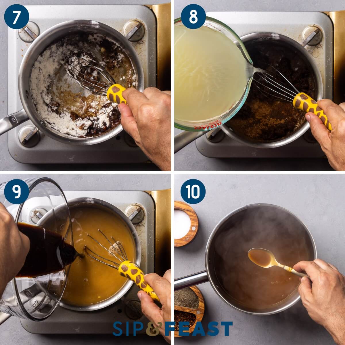 Recipe collage three showing making a roux, whisking in stock, pouring more of the drippings into the pot, and taste testing and seasoning the gravy.
