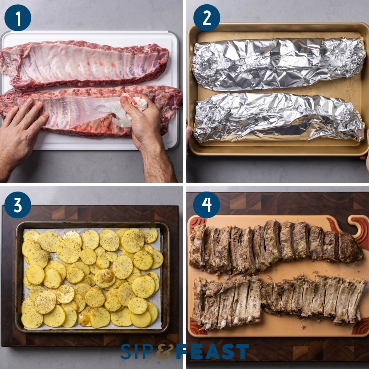 Recipe process shot collage group one showing removing membrane from ribs, wrapping the ribs in foil for baking, seasoned potatoes on parchment-paper lined baking sheet, and the cut ribs.