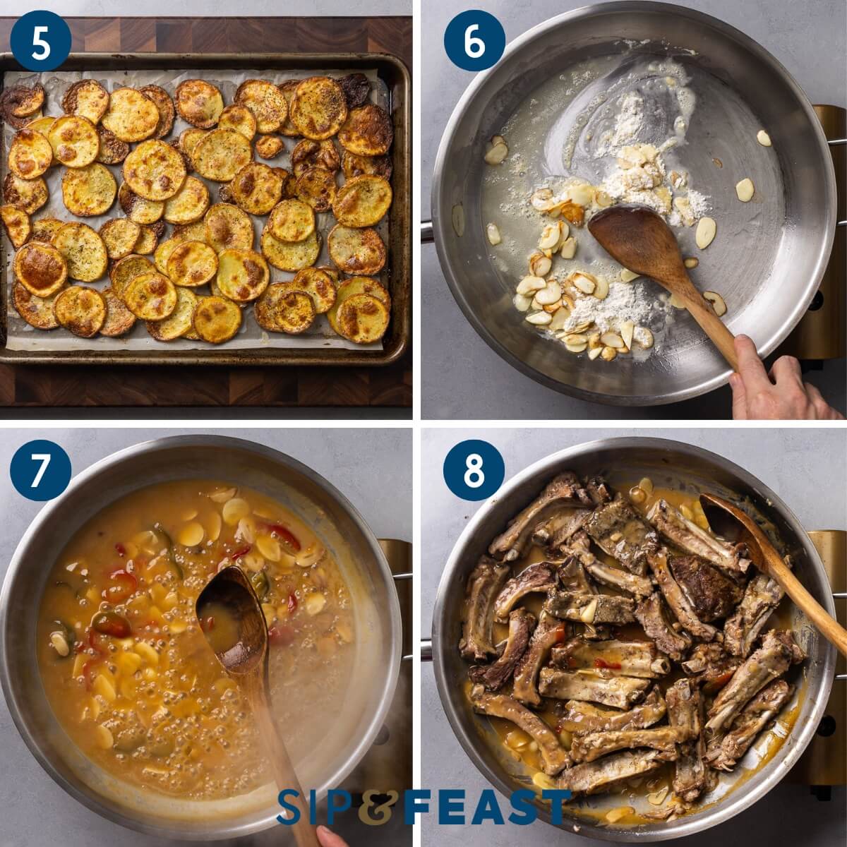 Recipe collage two showing the roasted potatoes, adding flour to the pan, boiling the sauce, and mixing the ribs in with the sauce.