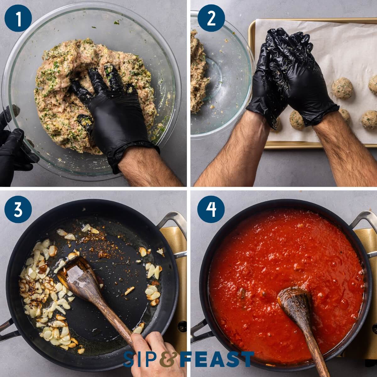 Recipe process shot collage group one showing mixing the chicken meatball ingredients, rolling the meatballs, sauteing garlic in olive oil, and simmering the sauce.