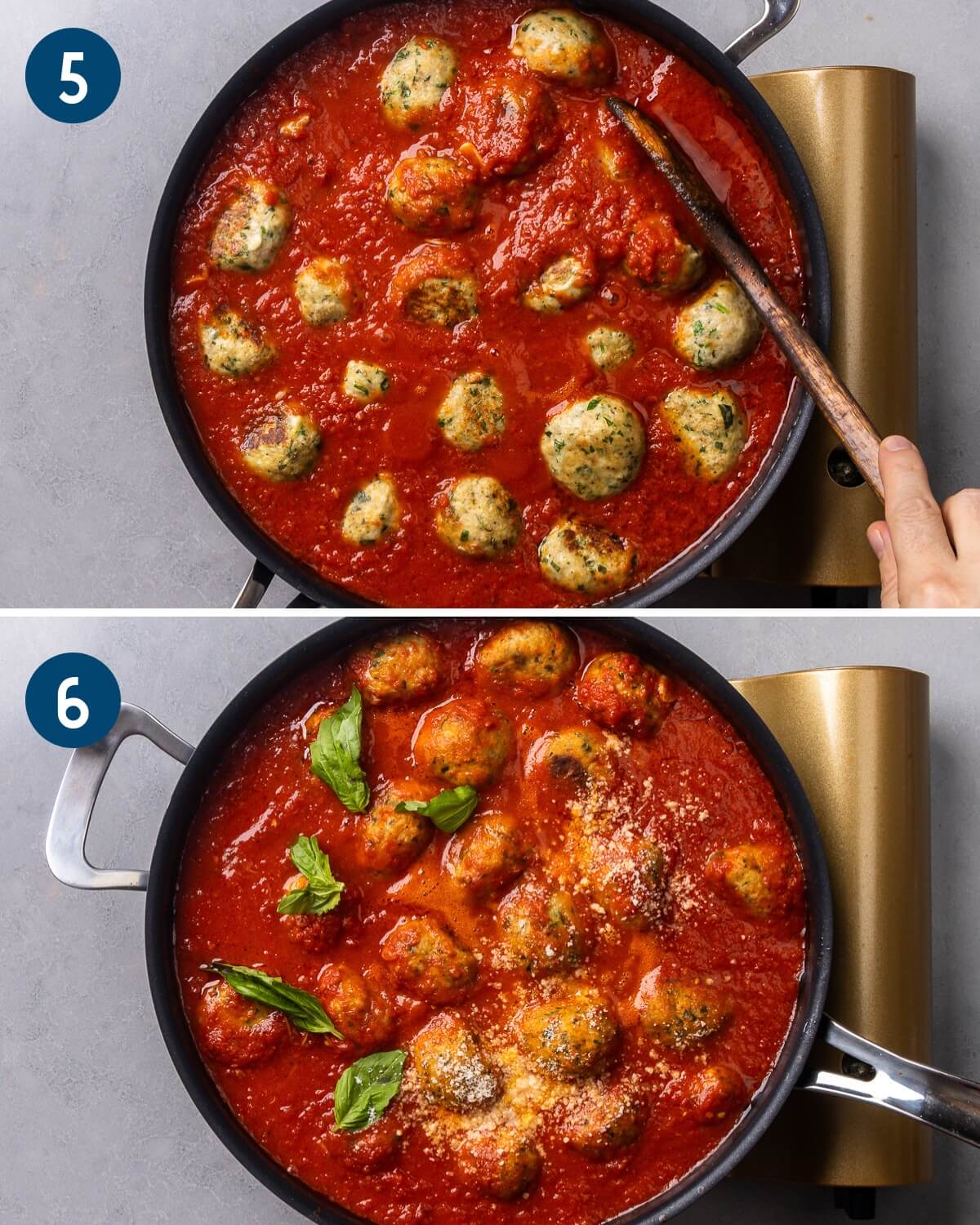 Collage two showing simmering the chicken meatballs in the sauce and finishing with basil and grated parmesan cheese.