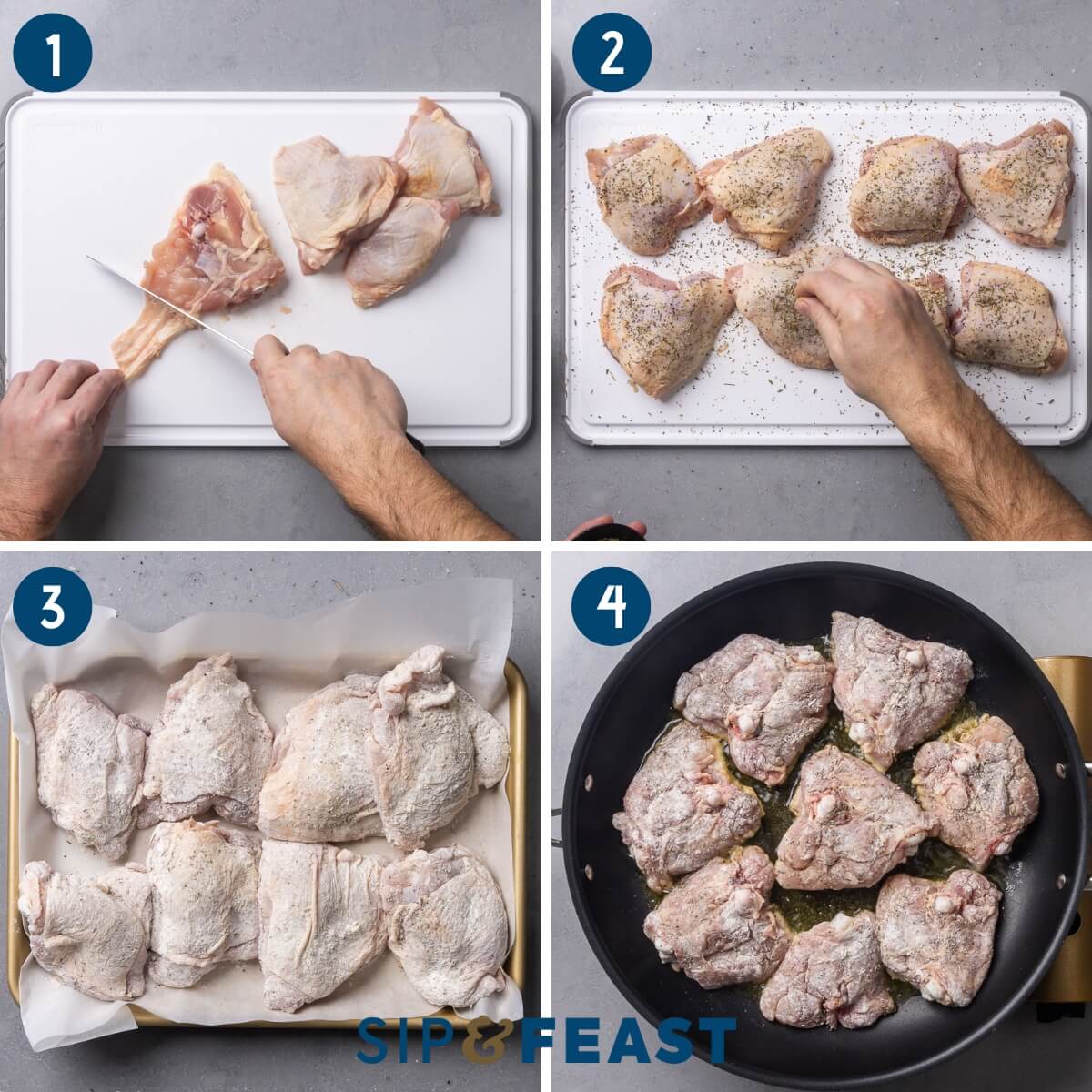 Recipe process shot collage group one showing cutting off excess skin from chicken thighs, seasoning the chicken, dredging chicken in flour, and searing the chicken thighs.