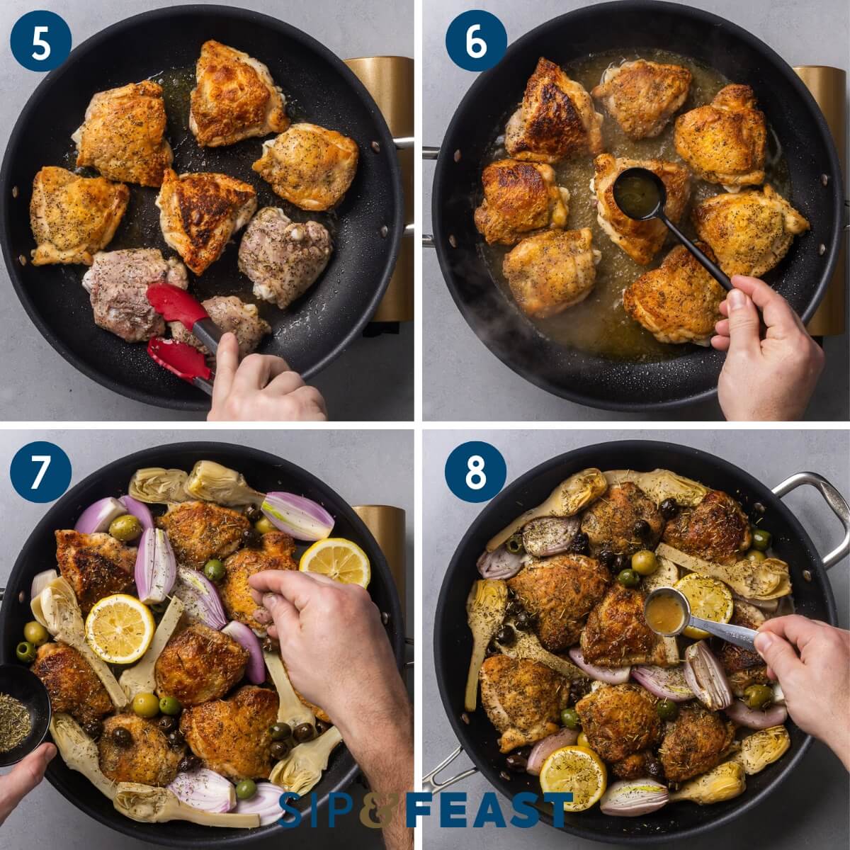 Collage two showing searing the chicken, spooning sauce onto chicken, adding artichoke hearts, shallots, olives, and lemons to the pan, and basting the chicken with sauce.