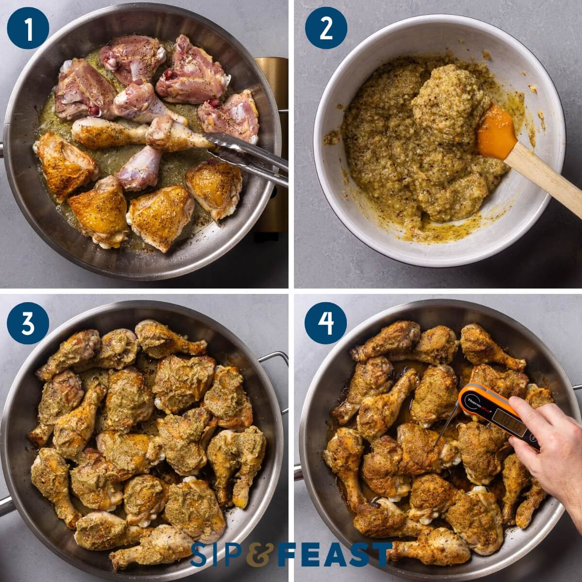 Recipe process shot collage group one showing searing of chicken pieces, mixing the paste, spreading the paste onto the chicken, and checking the chicken with instant read thermometer.