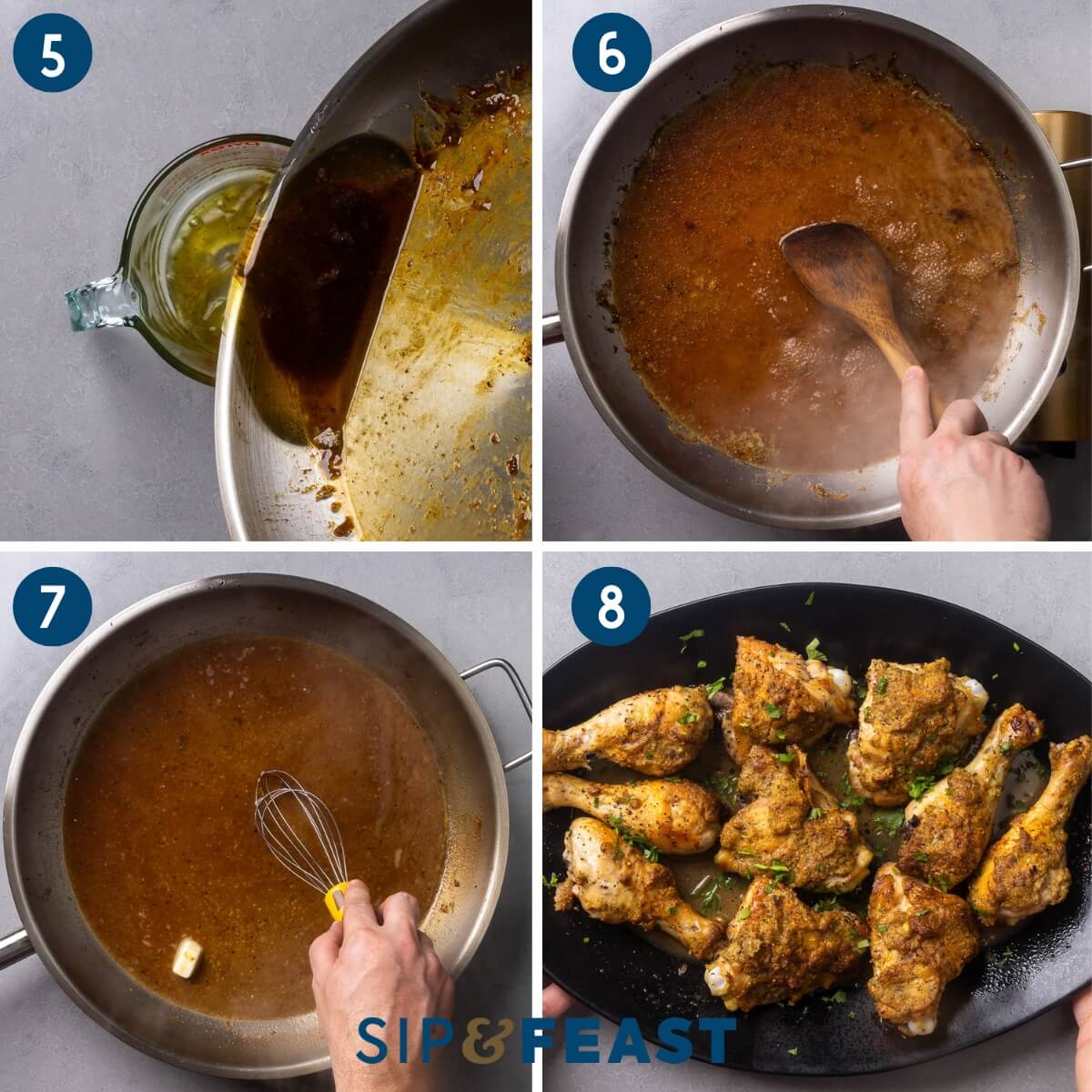 Recipe collage two showing pouring out the fat, deglazing pan with vinegar and chicken stock, whisking in cold butter, and the sauce poured over the finished dish.