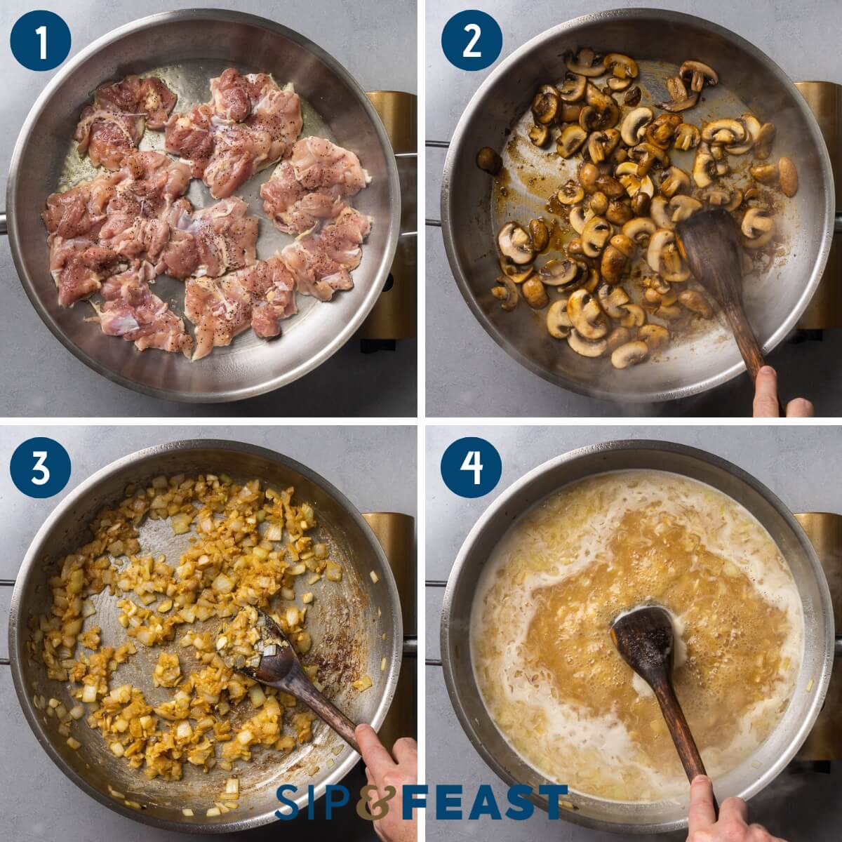 Recipe process shot collage group one showing searing of chicken, sauteing of mushrooms, cooking the flour, and mixing in the wine and stock.