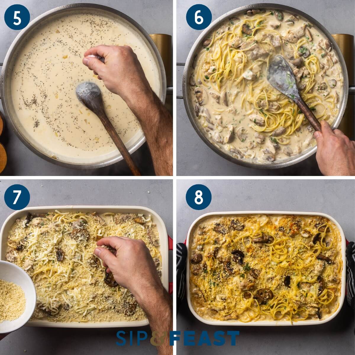 Recipe collage two showing seasoning the sauce, mixing the spaghetti, mushrooms, and chicken into the sauce, placing the contents in a baking dish and topping with cheese and breadcrumbs, the finished baked dish.
