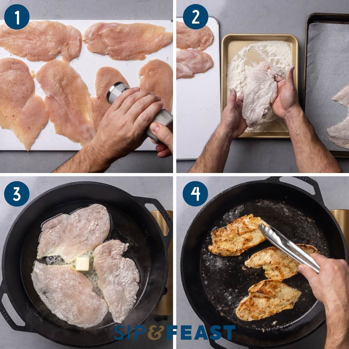 Recipe process shot collage group one showing seasoning the chicken cutlets, flouring the chicken, and searing the cutlets in a large pan.
