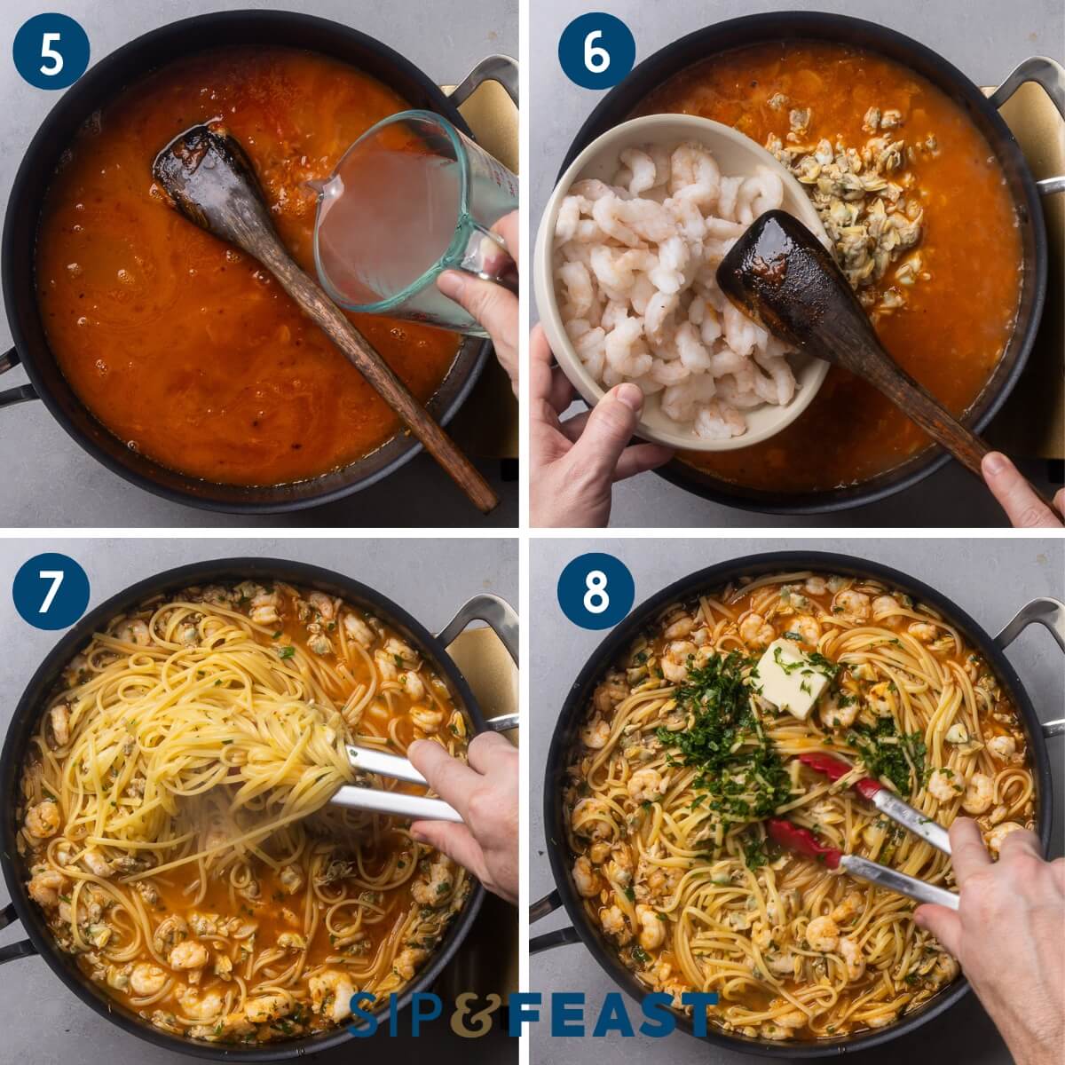 Collage two showing adding pasta water to the pan, adding the shrimp, mixing the pasta into the sauce, and finsihing the dish with butter and Italian parsley.