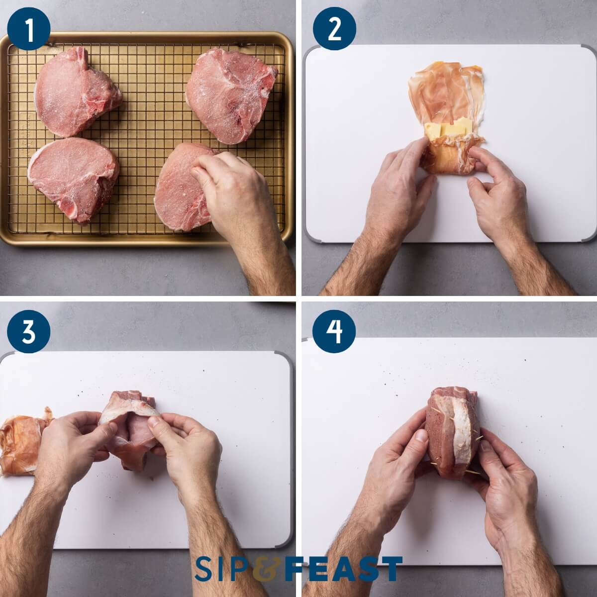 Recipe process shot collage group one showing salting of pork chops, wrapping prosciutto around fontina cheese, making a pocket in the chops, and stuffing the chops and securing with toothpicks.