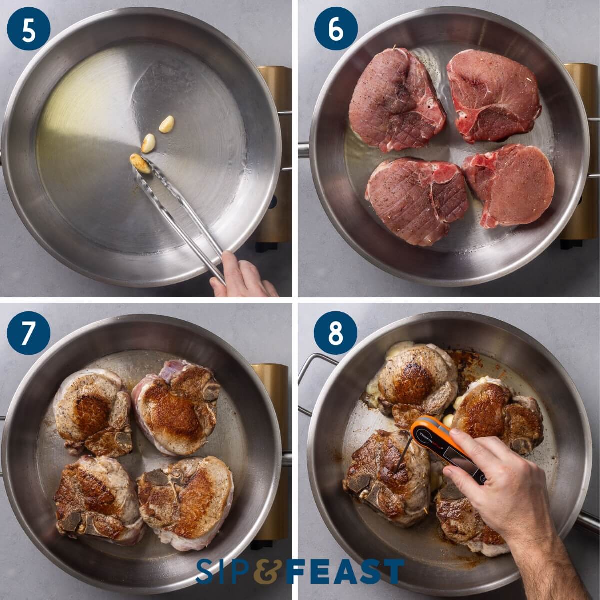 Collage two showing sauteing garlic in large pan, searing the chops, and checking the chops internal temperature with instant-read thermometer.
