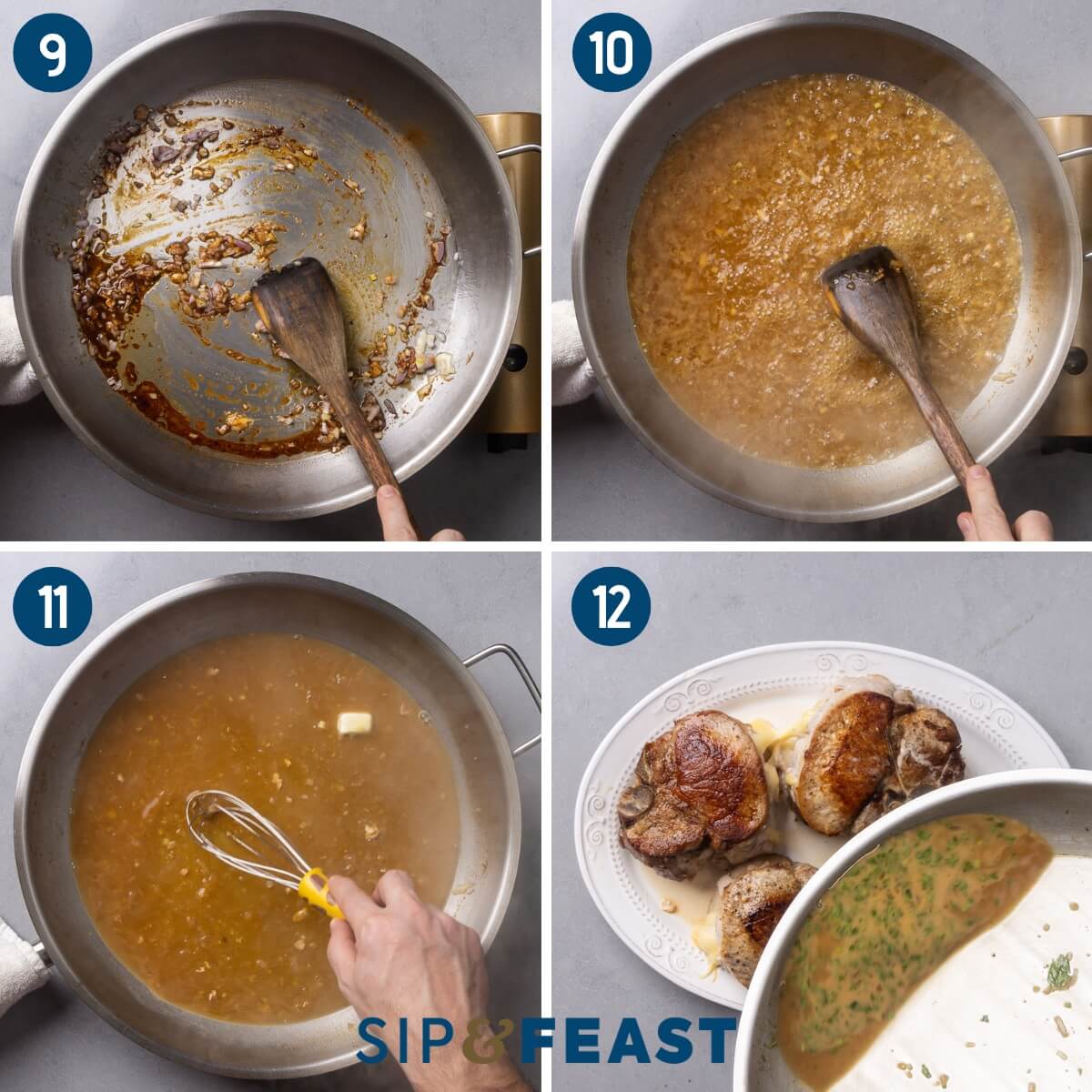 Collage three showing sauteing of shallots, bringing sauce to a boil, whisking in cold butter, and pouring the sauce over the chops.