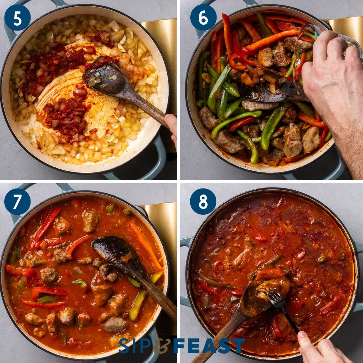 Recipe collage two showing frying the tomato paste, adding the veal, peppers, and wine to the pot, simmering the sauce, and checking the veal for tenderness.