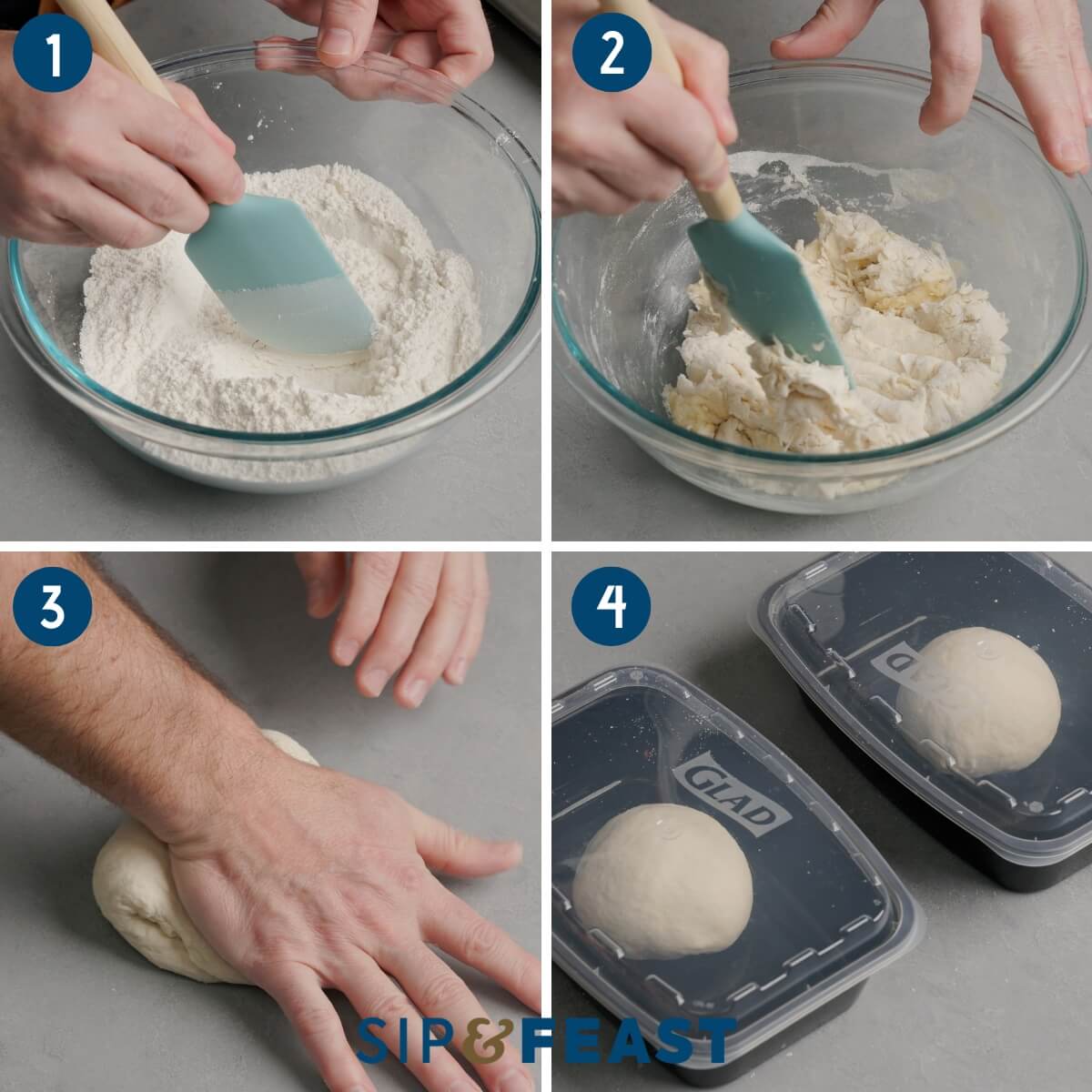Dough making collage showing mixing the dry ingredients, mixing the water into a shaggy dough, kneading, and placing the dough balls into oiled containers.