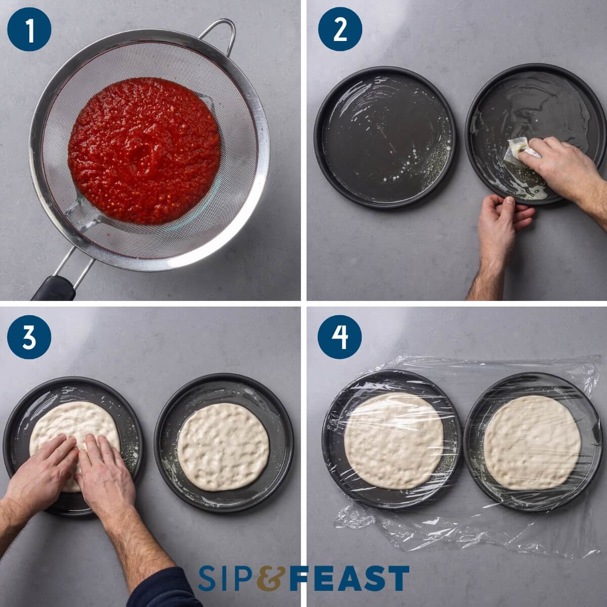 Bar pizza recipe collage group one showing straining the crushed tomatoes, oiling the pans, stretching the dough into the pan, and placing plastic wrap over the pans.