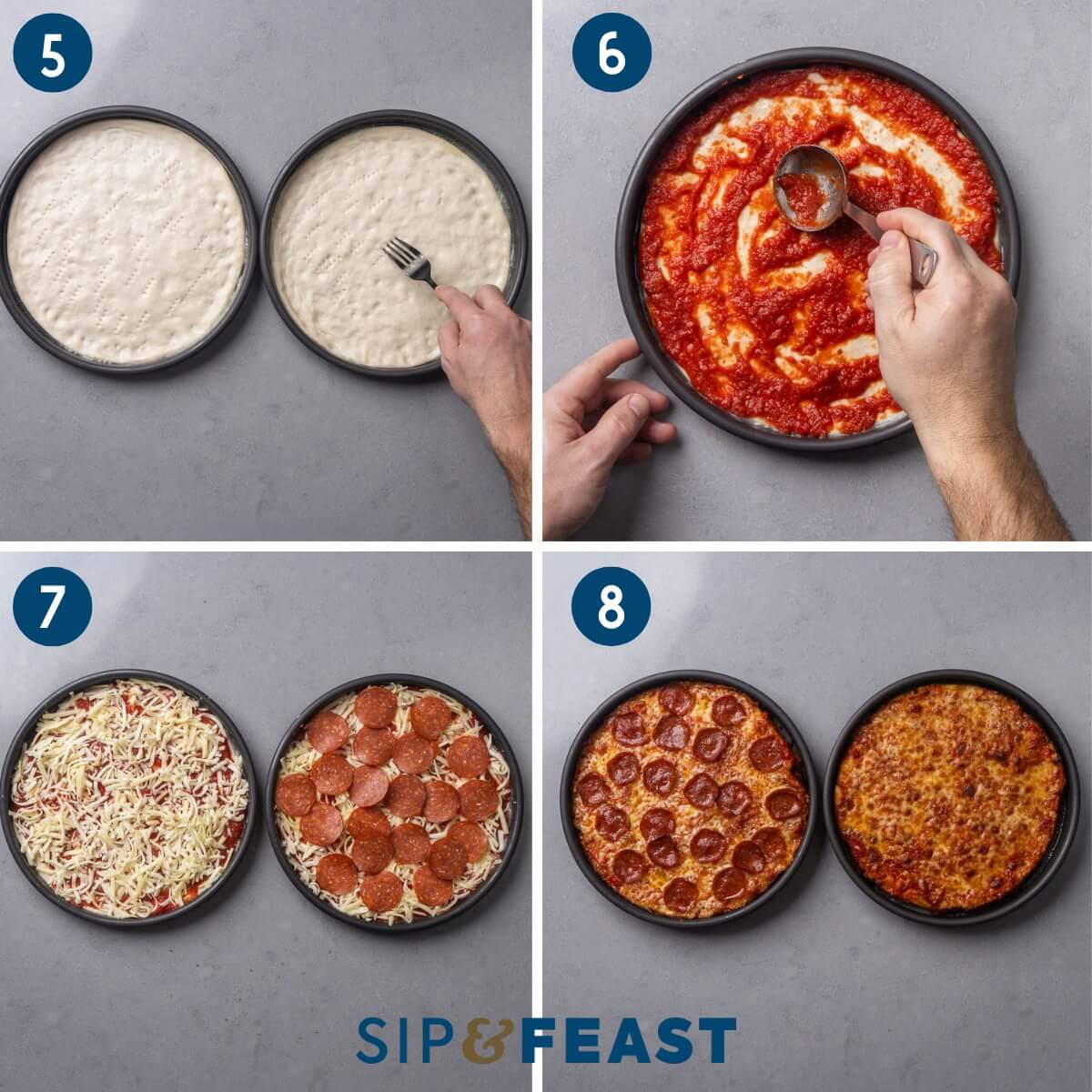 Collage two showing poking holes into dough, spreading the sauce, adding the cheese and toppings, and the finished baked pizzas.