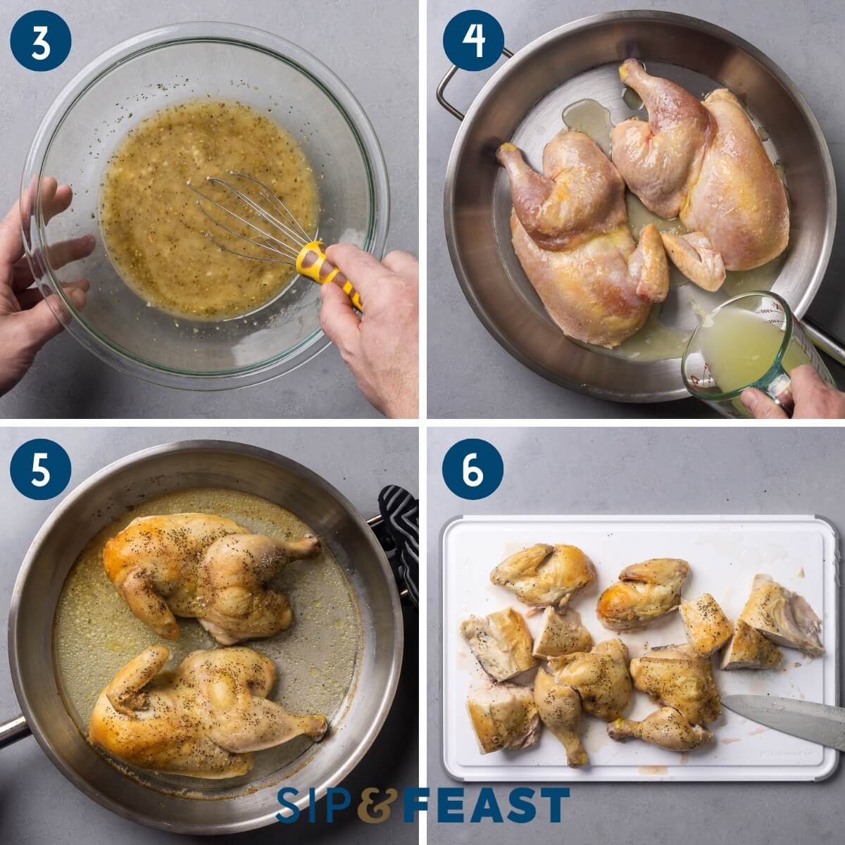 Recipe collage two showing whisking the lemon sauce, placing the chicken halves in large pan with chicken stock, the partially roasted chicken, and cutting the chicken into chunks.