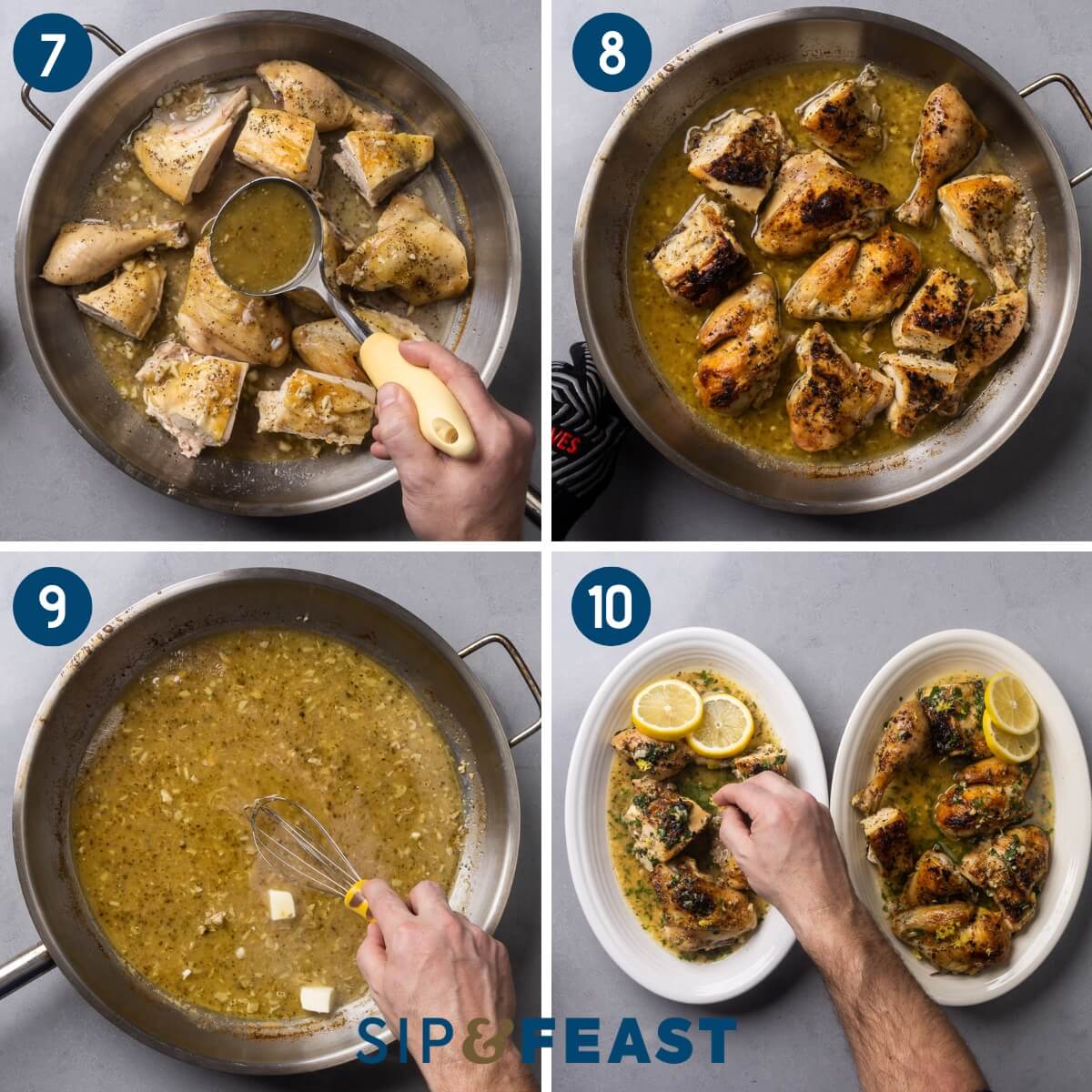 Collage three showing placing the pieces back into pan and pouring lemon sauce on top, the broiled chicken pieces, whisking the butter into the sauce, and the plated broiled lemon chicken.