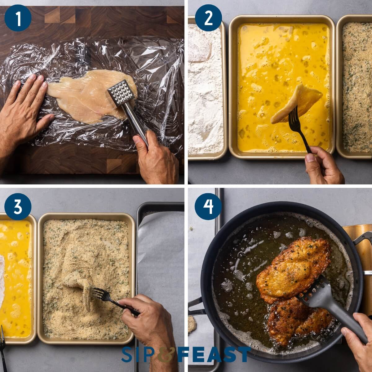 Recipe collage one showing pounding the chicken cutlets, dipping into eggwash, dipping into breadcrumbs, and frying the cutlets.