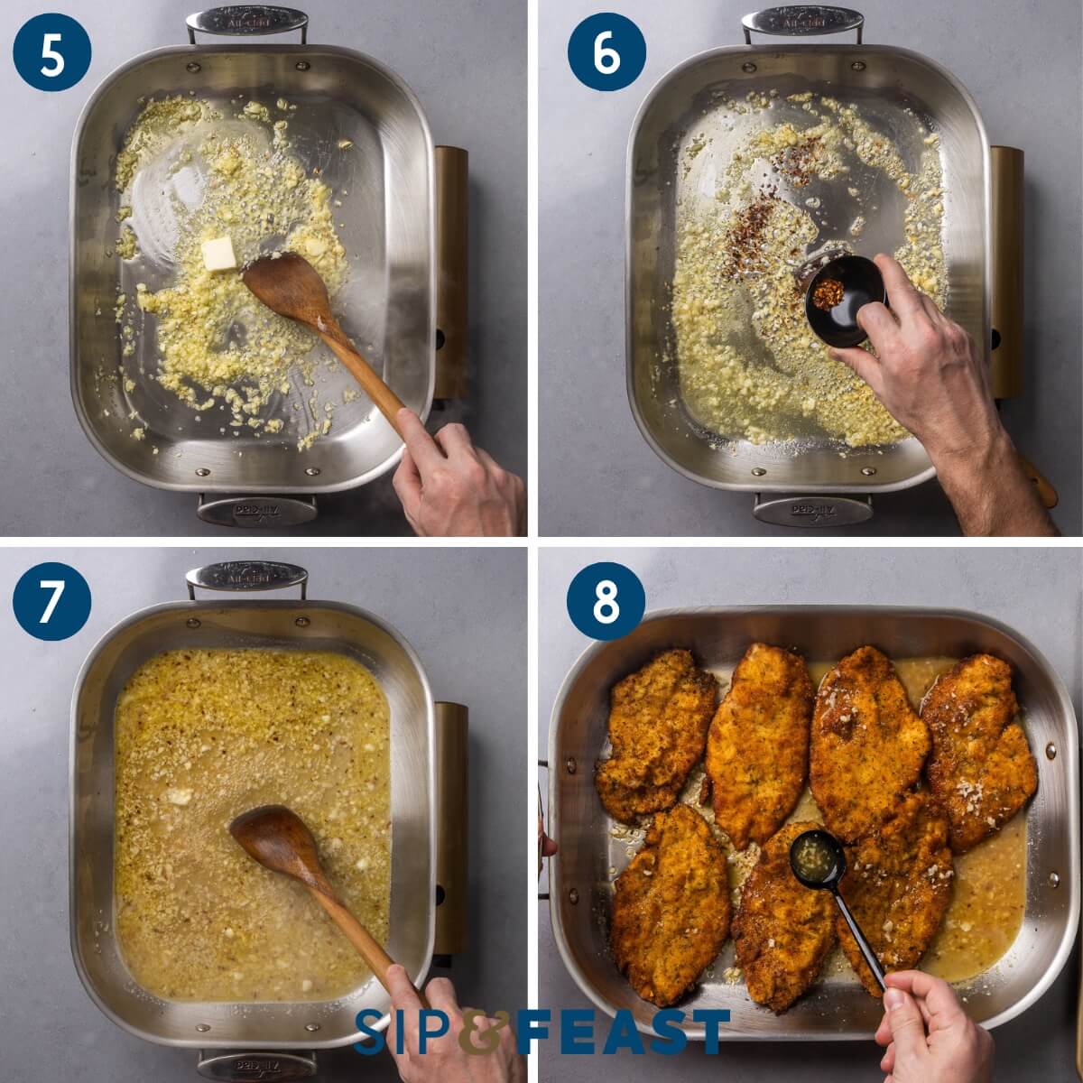 Recipe collage two showing sauteing the garlic in butter, adding the red pepper flakes, adding the wine, and spooning the sauce over the chicken cutlets.