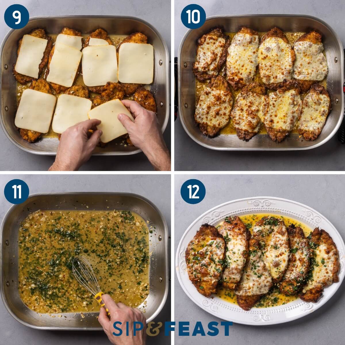 Recipe collage three showing adding the cheese on top of the chicken, the broiled chicken, whisking the butter into the sauce, and the sauce poured over the chicken scampi.