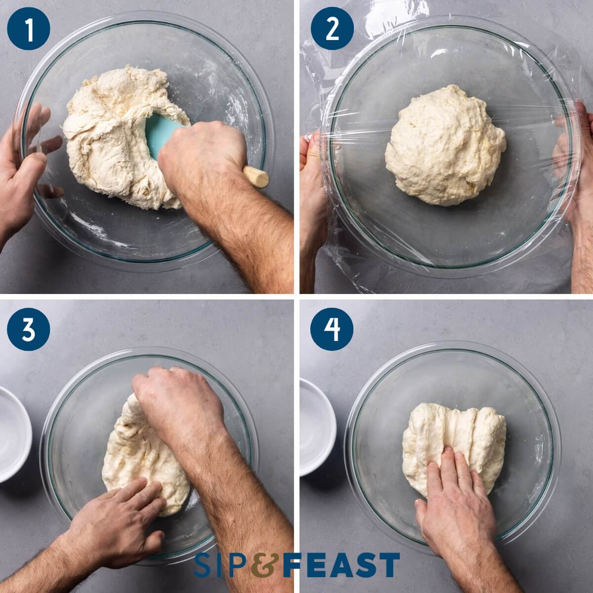 Recipe process shot collage group one showing mixing the dough, covering the dough, and stretching the dough.