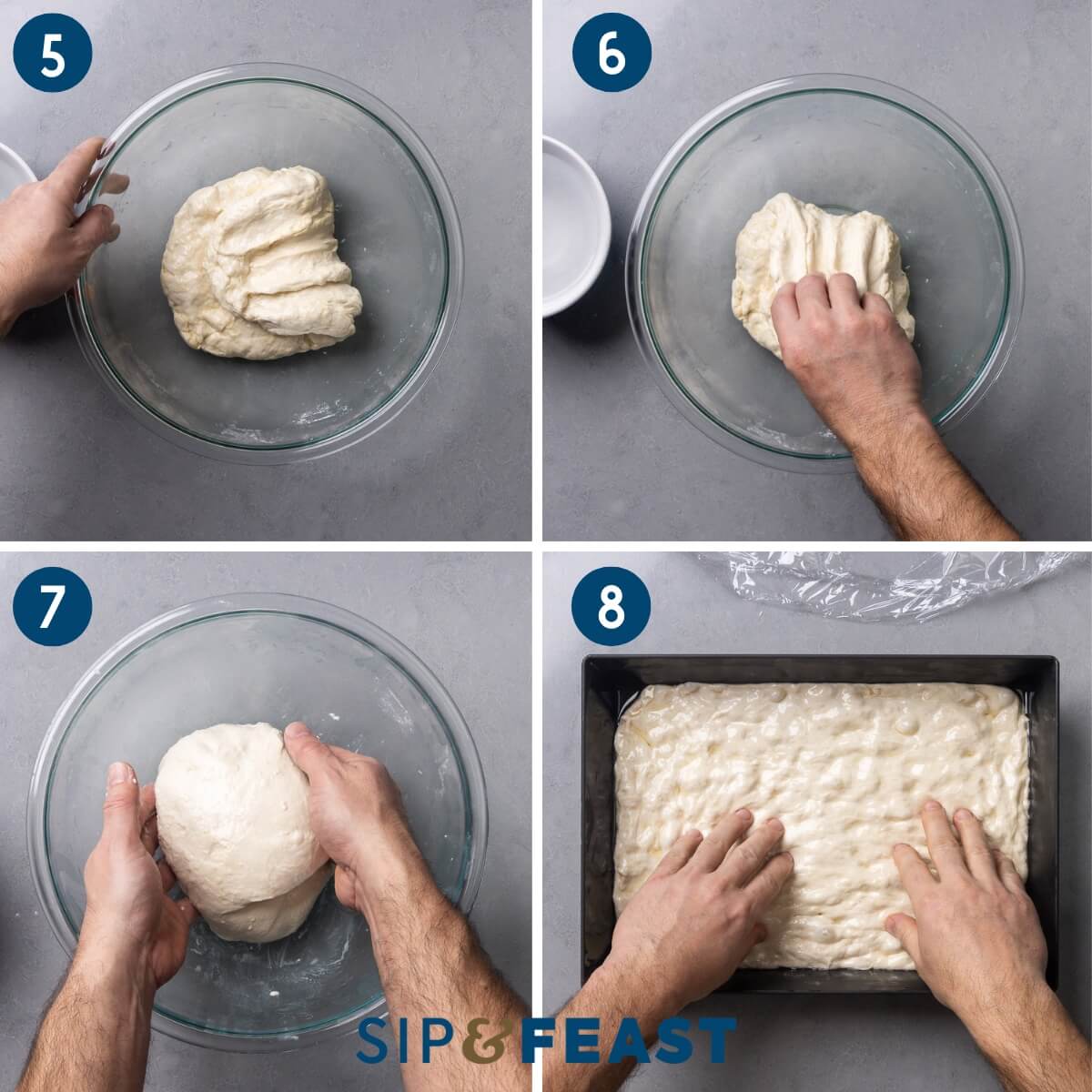 Collage two showing rotating the bowl, bowl folding, balling the dough, and stretching the dough in the pan.