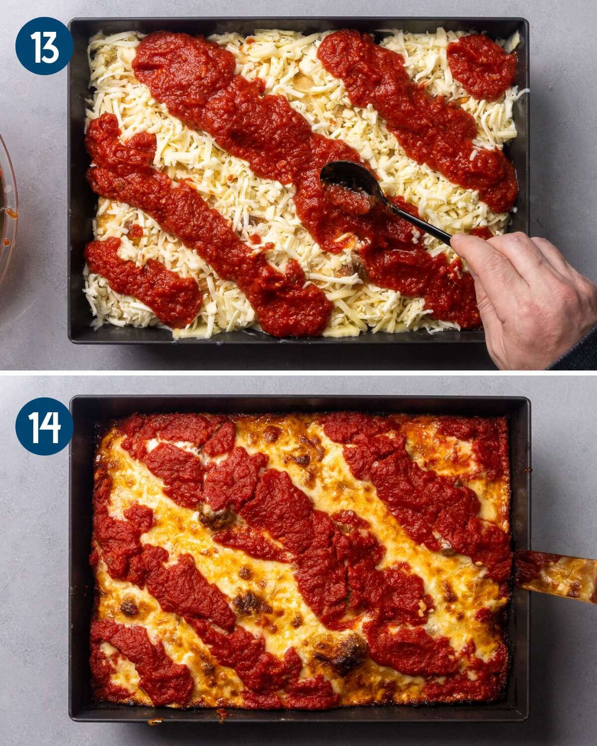 Collage four showing spreading the sauce and the finished baked Detroit pizza.