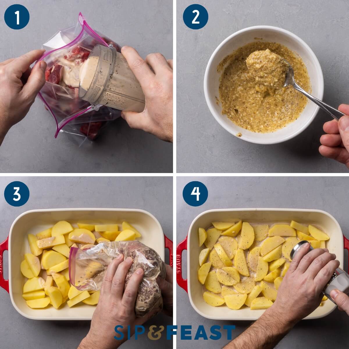 Recipe process shot collage group one showing marinating the beef, making the paste, and seasoning the potatoes with the marinade and pepper.
