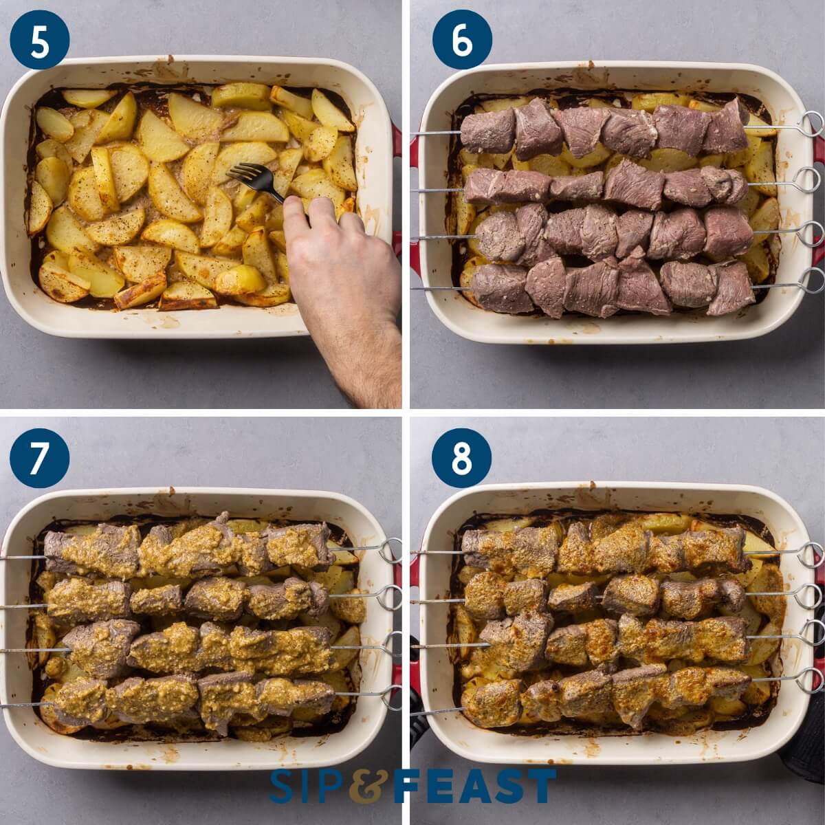 Collage two showing testing the potatoes for doneness, laying the steak skeweres on top of the baking dish, spreading the paste onto the beef, and the finished dish.
