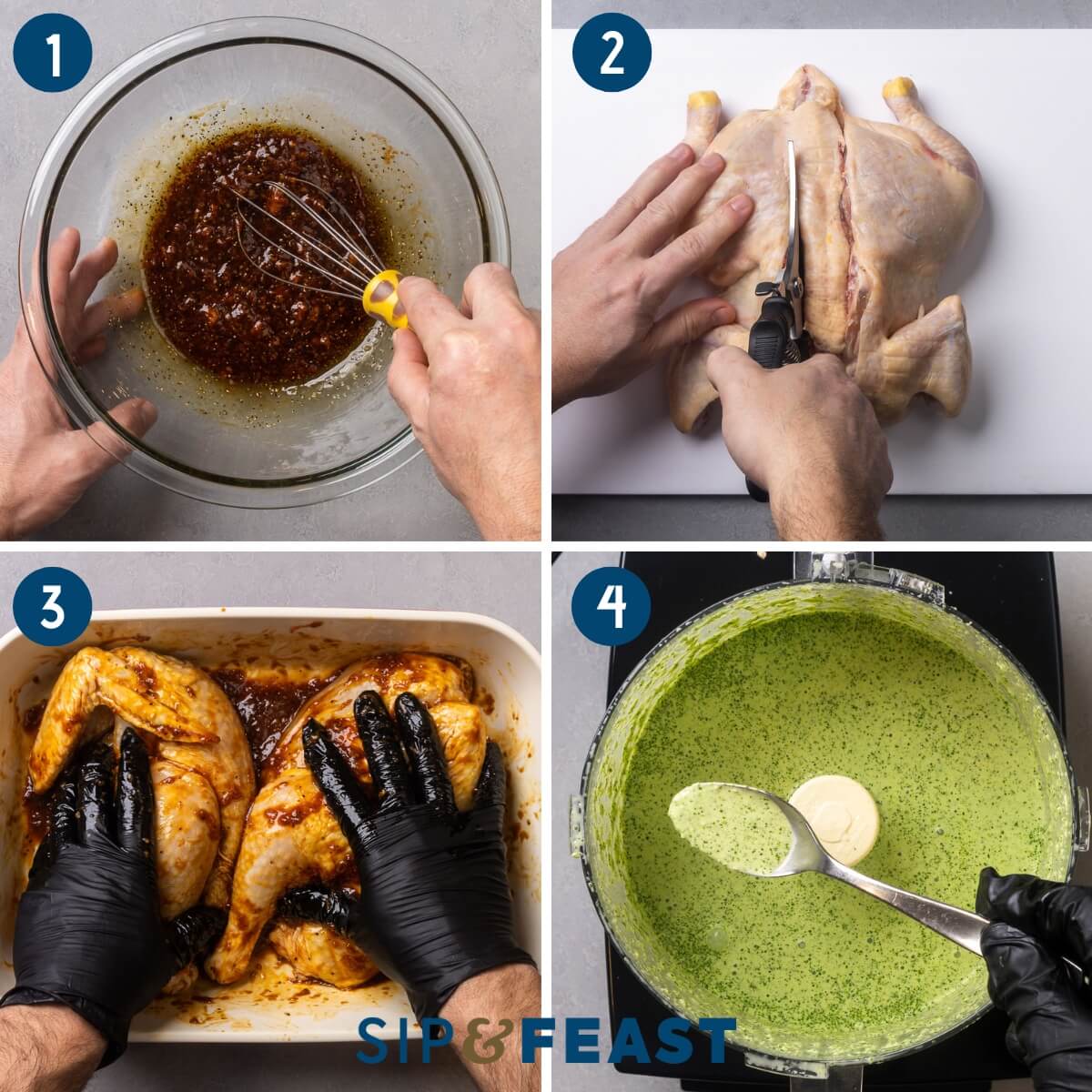 Recipe process shot collage group one showing whisking the marinade, removing backbone from the chicken, rubbing the marinade into chicken, and making the green sauce.
