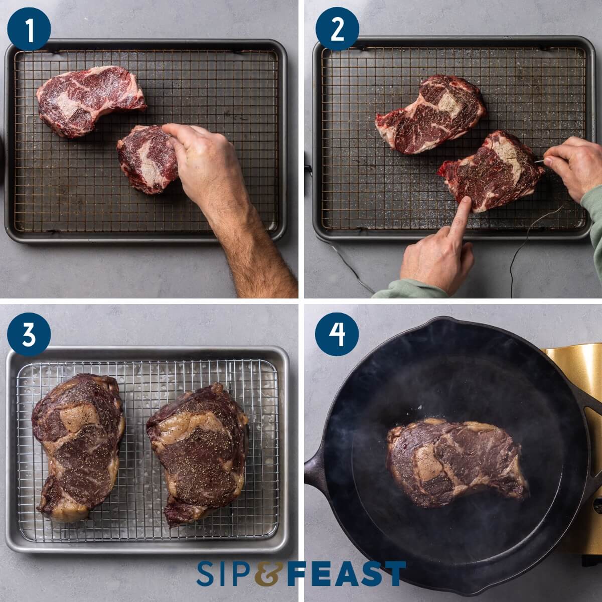 Recipe process shot collage group one showing salting the steaks on a wire rack, probing the steaks with thermometer, the partially cooked steaks, and searing the steak in a cast iron pan.