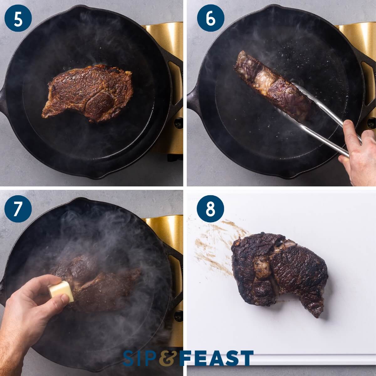 Collage two showing the seared steak in a pan, holding the steak with tongs to sear the sides, adding butter to the pan, and placing the cooked steak on a cutting board.