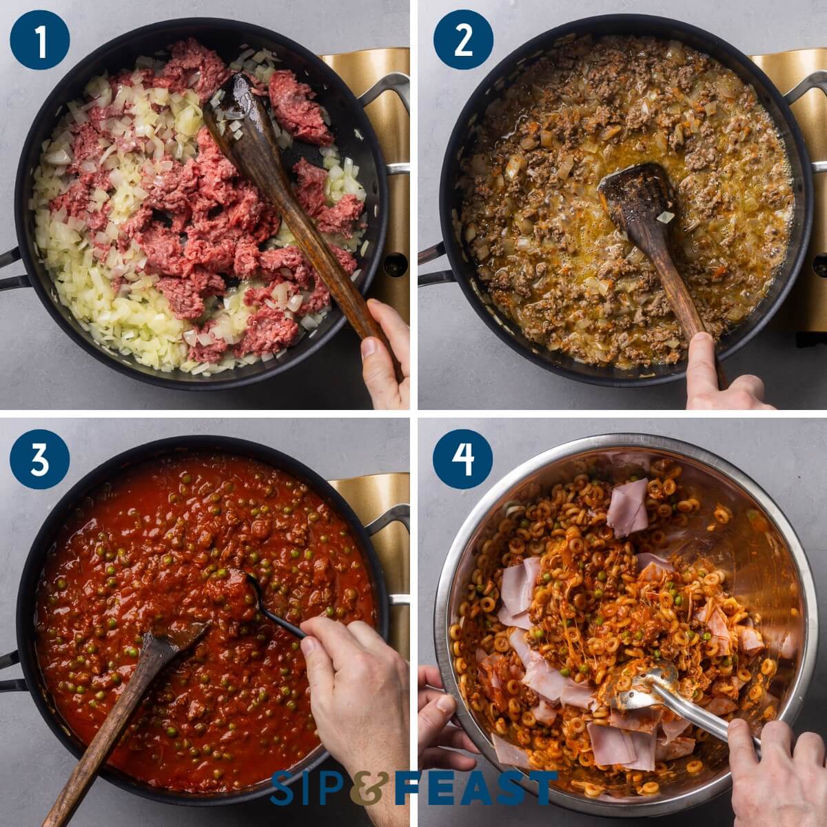 Recipe process shot collage group one showing sauteing the onions and ground beef, simmering with wine, testing the sauce, and mixing the pasta with sauce, and sliced ham.