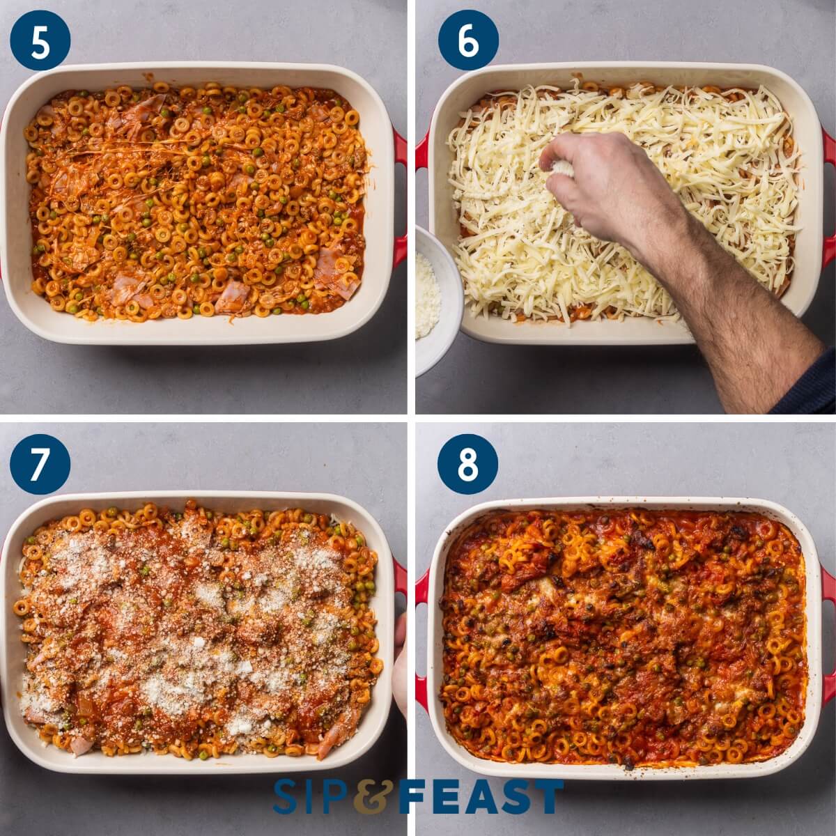 Collage two showing adding half the pasta to baking dish, topping with shredded cheese, adding remaining pasta, cheese, and sauce, and the finished baked anelletti al forno.