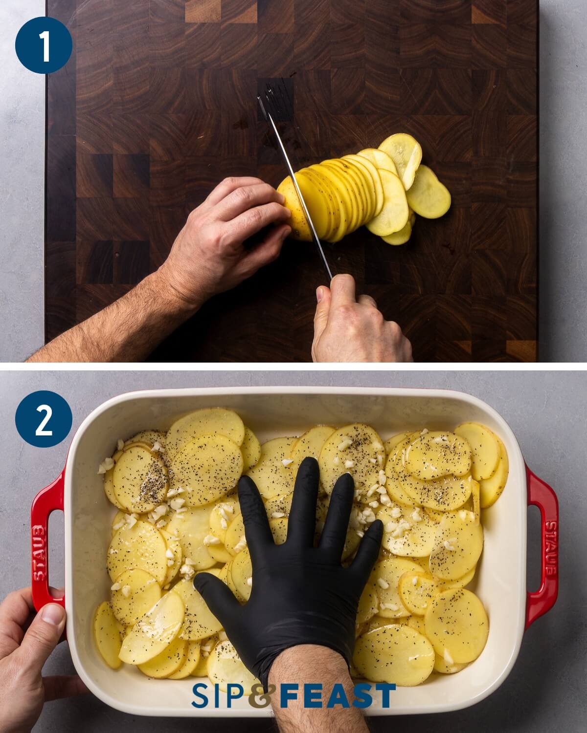 Recipe process shot collage group one showing slicing the potatoes into thin slices, and mixing the potatoes with garlic and butter in baking dish.