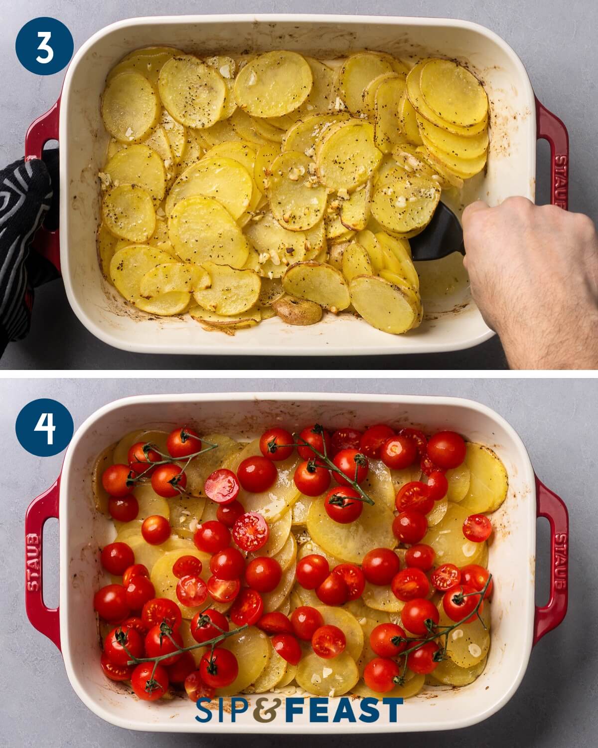 Collage two showing flipping the potatoes after baking and adding the cherry tomatoes to the dish.