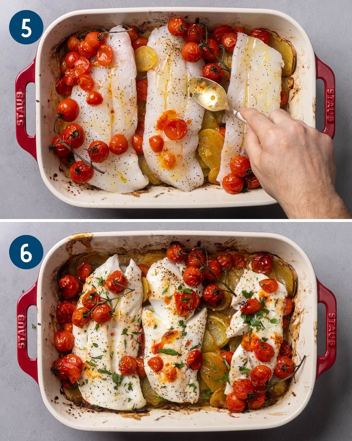 Collage three showing adding the cod fillets and spooning over the tomatoes and the finished baked cod sprinkled with parsley.