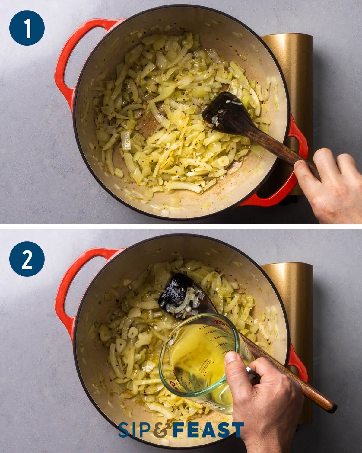 Recipe process shot collage group one showing sauteing onion and fennel in large Dutch oven and pouring wine into the pot.