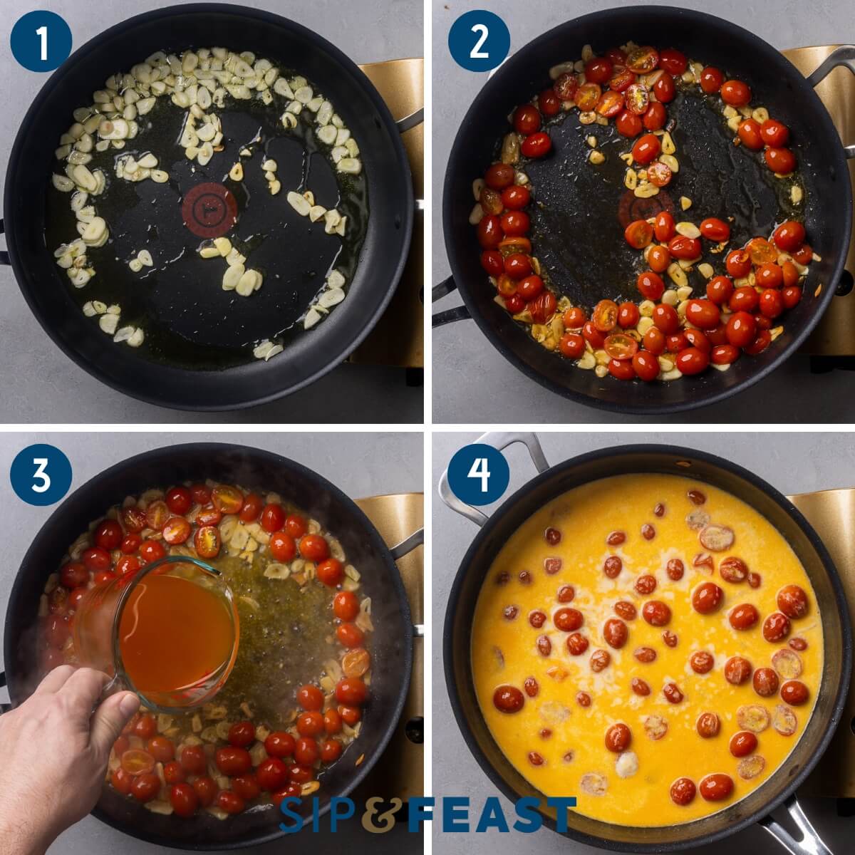 Recipe process shot collage group one showing sauteing of garlic, adding tomatoes to pan, adding wine and stock, and adding cream and bringing sauce to a simmer.