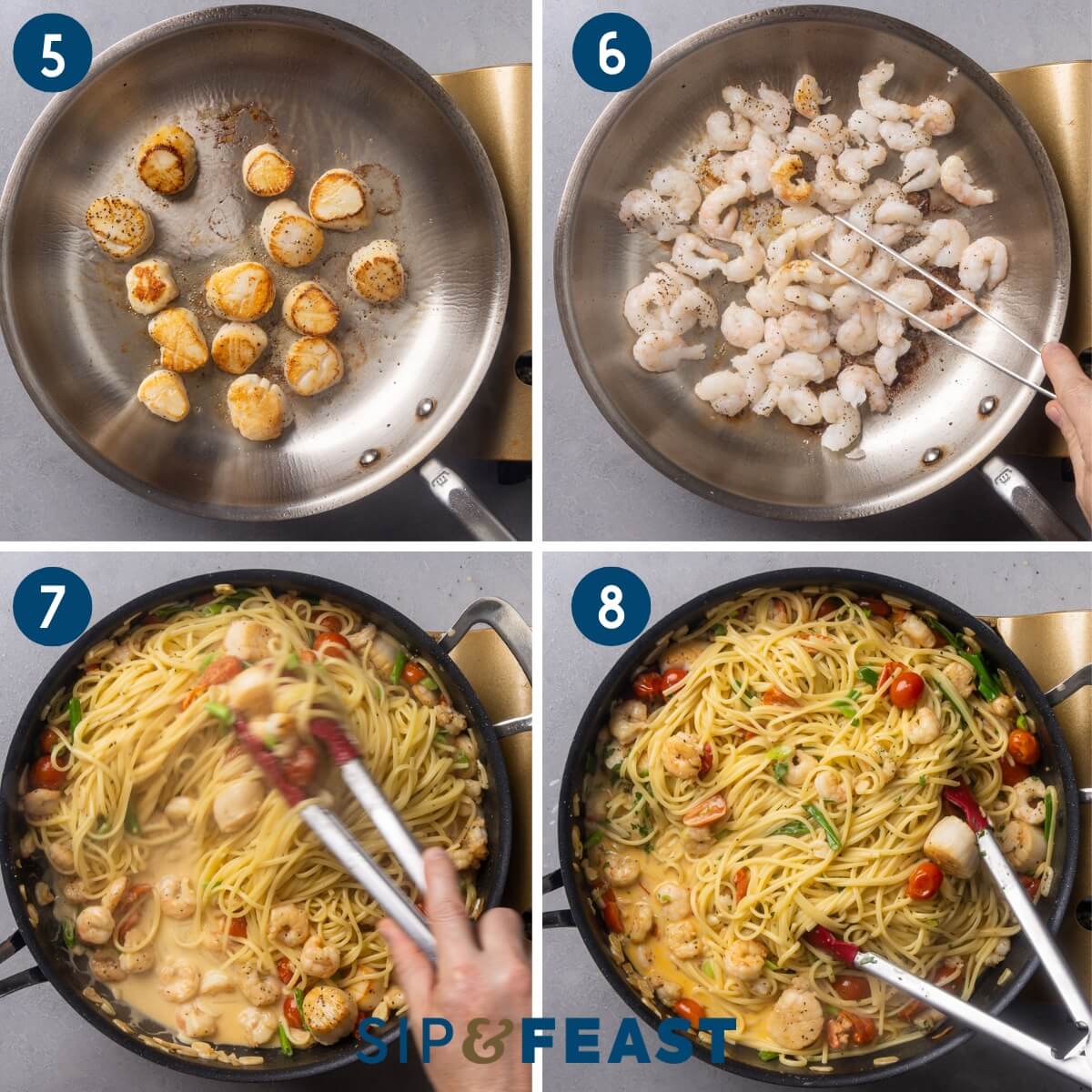 Collage two showing searing the scallops, searing the shrimp, mixing the pasta and seafood into the sauce, and the finished pasta.