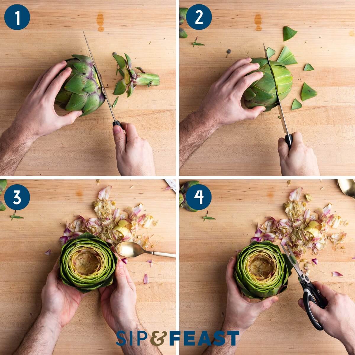 Recipe process shot collage group one showing cutting stems off artichoke, cutting off top third, cleaning the middle with a spoon, and using kitchen scissors to trim pointy ends.