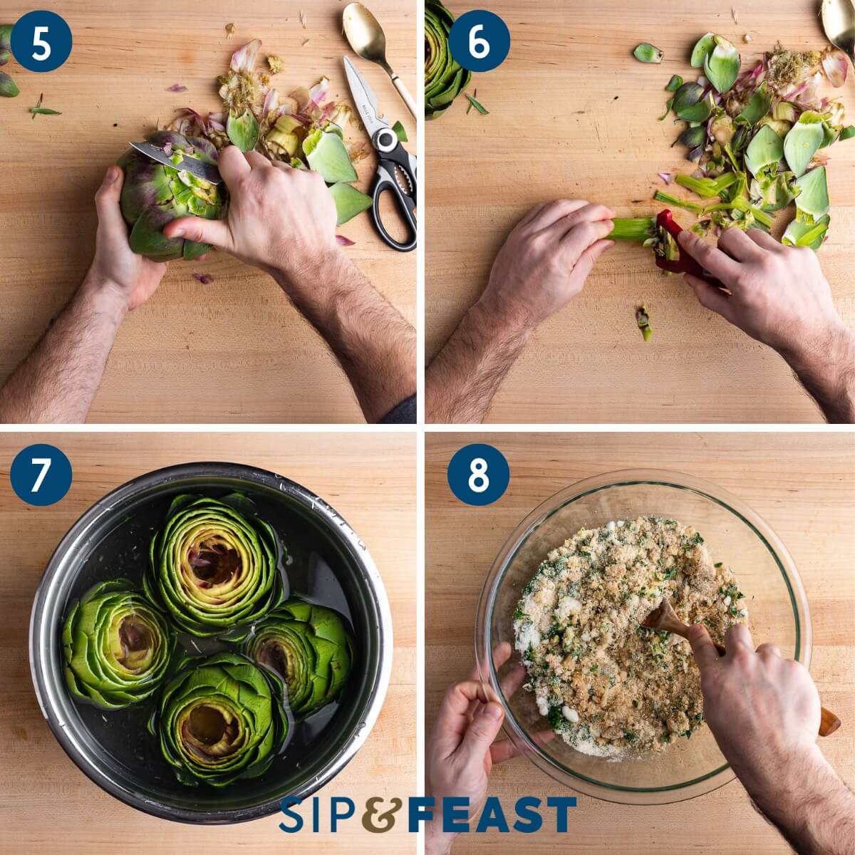 Collage two showing trimming bottom of artichoke with paring knife, trimming outer parts of stems, placing artichokes in lemon water, and mixing the stuffing ingredients together.